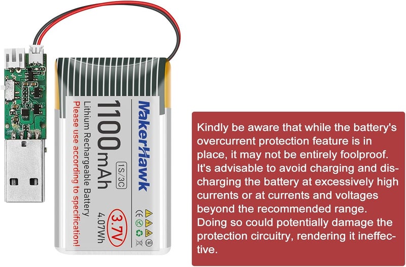 MakerHawk 3.7V 1100mAh LiPo Battery Rechargeable 1S 102540 Lithium Polymer Battery with Protection Board Insulated Rubber Tape, Micro JST 1.25 Plug for Arduino ESP32 Development Board (1 Pack) - Image 4